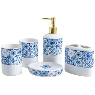 Tauzveok Seifenspender Set Keramik Blau, 5 teiliges Badezimmer Zahnputzbecher Set, mit Bad Seifenspender, Zahnputzbecher, Zahnbürstenhalter und Seifenschale, Pump Heads, Badorganizer,Blau