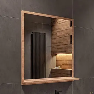 Badspiegel mit Ablage Sonoma - H:70 x B: 60 cm - Bathroom Mirror - Moderner Badezimmer Spiegel Rechteckig - Wandspiegel mit Regal - Naturbelassen