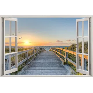 HUBDECO - Wandtattoo - Wanddeko - Selbstklebende Folie - Wandsticker - Fototapete 3d Effekt - Selbstklebende Tapete - Fenster & Meer Motiv - Sonnenuntergang an der Seebrücke - 90x60cm