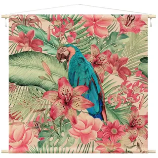 Bilderdepot24 Wandteppich modern Botanik Tiere Vögel bunt, quadratisch, Höhe: 2.6 mm, großes Wandbild aus Natur-Baumwolle Wandbehang Stoffbild Tuch Wollseil bunt 145 cm x 145 cm x 2.6 mm