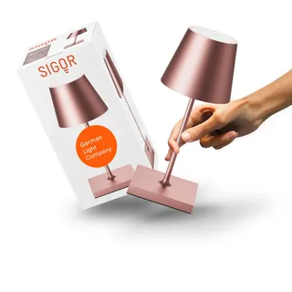 SIGOR Nuindie 2.0 mini - Dimmbare kleine LED Akku-Tischlampe Indoor & Outdoor, IP54 spritzwassergeschützt, Höhe 25 cm, aufladbar mit USB-C, 12 h Leuchtdauer, rosegold