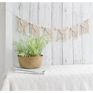 SWECOMZE Makramee Wandbehang mit 6 Flaggen Boho Deko Böhmische Baumwolle Gewebte Girlande für Wohnzimmer Schlafzimmer Tür Vorhang Wanddekor,9cm (W) x 120cm (L) (Beige)