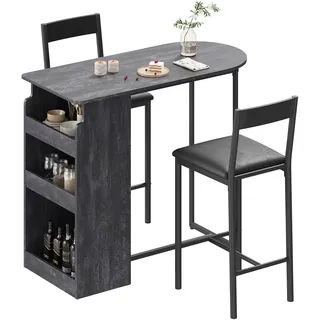 GarveeHome Bar Tisch Set, Barset mit 2 Barhockern, mit Ablagefächern, Stabiler Metallrahmen & Holzoptik, für Küche & Wohnzimmer, Tisch 110×50×91 cm, Dunkelgrau-Holzoptik