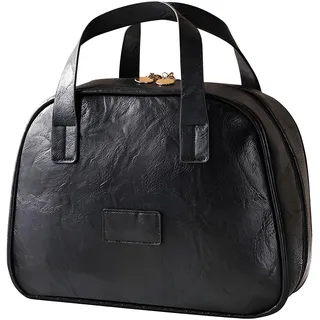 Kosmetiktasche Groß, Leder Kulturtasche Damen, Make Up Organizer Kosmetikkoffer mit 4 Fächer, Tragbare Kulturbeutel Wasserdicht, Make Up Tasche, Schminktasche Makeup Bag Reise Kosmetiktasche (Schwarz)