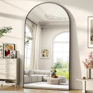BEAUTYPEAK 200x90 cm Großer Bogen Ganzkörperspiegel, Gewölbter Standspiegel | Hängend oder lehnend an die Wand, Groß Wandspiegel mit Ständer für Schlafzimmer, Wohnzimmer oder Ankleidezimmer, Schwarz