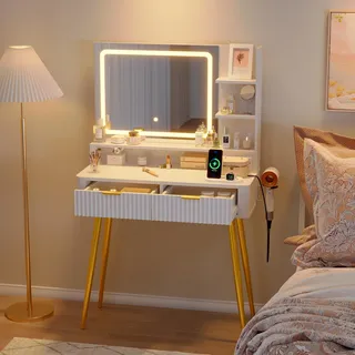 GarveeMore LED Schminktisch mit Spiegel – 3 Lichtmodi, integrierte Steckdose – 2 Schubladen, 3 offene Ablagen – kompakte Schminkkommode aus Holz für Schlafzimmer – inklusive Beleuchtung