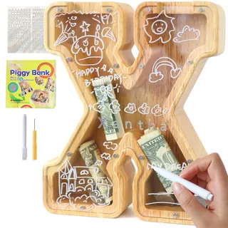 Lakpopya Spardose für Kinder Jungen Mädchen Sparschwein Kinder Spardose Personalisiert Durchsichtig Spardose Buchstabe Holz A-Z mit Zielbereich & Aufkleber & Marker, Taufe Geschenk Dekoration (X)