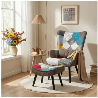 HomeMiYN Ohrensessel Relaxsessel Lehnstühle Patchwork Ohrensessel mit Hocker lesesessel, Chair bunt