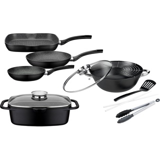 GSW Topf-Set »Gourmet Granit«, Aluminiumguss (Set, 7-tlg., (3 Pfannen, 1 Bräter, 1 Multi-Wok, 1 Kochzange, 1 Pfannenwender), Induktion schwarz
