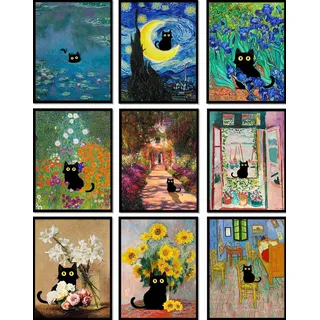 LOARTVE Lustige schwarze Katzen-Wandkunst, Katzen in berühmten Gemälden, Poster, Drucke, Vintage-Galerie, Wanddekoration, Bilder, eklektisch, niedlich, adrette, ästhetische Raumdekoration, ungerahmt,