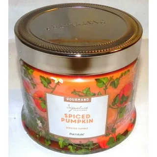 Partylite 3-Docht Duftkerze "Würziger Kürbis" (375g, Glas, Rund, Krug, Indoor, Dauerbrenner, Rustikal, Herbst, Halloween, Unisex, Parfumfrei, Sojafrei, Bienenwachsfrei)