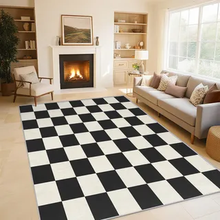 Generisch Schachbrettmuster Teppich, Teppich Schlafzimmer Wohnzimmer Schwarz Weiß Modern, Wohnzimmerteppich Schlafzimmer Dekoration rutschfeste Waschbar Flanell 150x200 cm V-M1