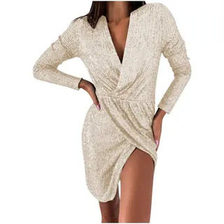 Lazzboy Frauen V-Ausschnitt Wrap Geraffte Langarm Nachtclub Kleid Partykleid Glänzend Damen Abendkleider Festliches Fransen Cocktailkleid Für Hochzeit Paillettenkleid(Beige,M) - M