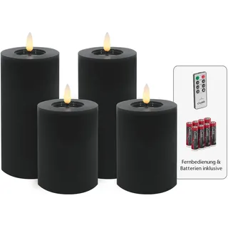 Candela Lights LED Kerzen 4er Set Winter schwarz glatt Echtwachs inklusive Fernbedienung und 8 Batterien Timer Funktion & mehrstufig dimmbar flammenlos Echtwachskerzen Stumpenkerzen