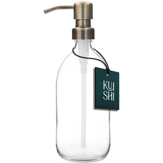 Kuishi Klarglas-Pumpflaschenspender [300 ml, goldene Pumpe] Nachfüllbare Braunglas-Seifenspenderflasche mit Edelstahlpumpe, umweltfreundlich (BPA-frei)