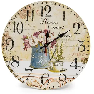 Vintage-wanduhr Im Rustikalen Stil, 34 Cm, Geräuschlose Timer-uhr Mit Holzzifferblatt (kaffee Und Blume)