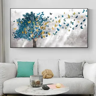 MHLCMG Blaue Baum Schmetterlings Leinwand Malerei Bilder Wandkunst Moderne Poster Kunstdruck Bild Wand Wohnzimmer Schlafzimmer Dekor Kein Rahmen (70X140CM)