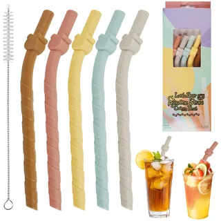 5 Stück Bendy Silikonstrohhalme mit Reinigungsbürste, 15,5 cm, BPA-Frei | Wiederverwendbar Strohhalme Silikon, Flexibel Biegung Trinkhalme, Kinder Silikon Trinkhalme für Boba, Smoothies, Bubble Tea