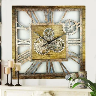 The Gears Clock Wanduhr Mit Echten Beweglichen Zahnraedern - America Collection - 24" Quadratisch - Gold - Antique