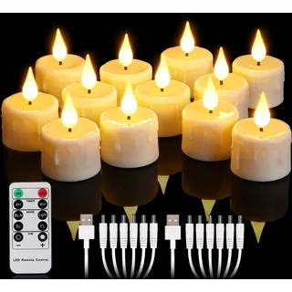 yunsheng 12 Stück Wiederaufladbare Teelichter mit Fernbedienung und 4/6H Timer, Aufladbar Flammenlose Flackernde LED Kerzen mit 2 Stück USB-Kabel, 3D-Silikon Docht, Warmweißes Licht für Hause Deko