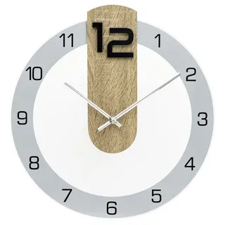 AMS Wanduhr (Quarzuhr, Holz, Wohnzimmer, Esszimmer, Küche, Arbeitszimmer, Büro,Flur) silberfarben