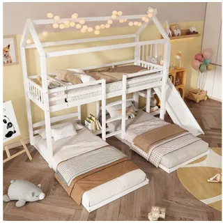REDOM Etagenbett Hausbett Kinderbett, mit Rutsche,Offenes Regal,mit dreistufiger Leiter (Entworfen mit drei Bettpositionen, Rahmen aus Kiefer, Kinderbett mit Dach, 90 x 200 cm), ohne Matratze