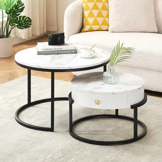 Ginhow 2er-Set Runder Couchtisch mit Schublade, Schwarz mit Marmoroptik aus MDF für Wohnzimmer - Moderner Beistelltisch Schwarz, Rundwohnzimmertisch, Maße Ø70xH45cm + Ø50cmxH35cm