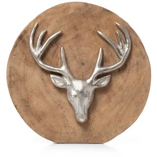 moritz Weihnachtsdeko Hirschkopf 29 cm aus Mangoholz und Aluminium handgefertigte Dekofigur auf rundem Holzsockel edle Tischdekoration für das Wohnzimmer
