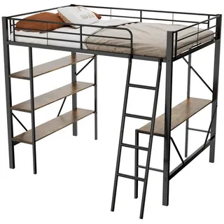 OKWISH Metallbett Bettgestell Eisenbett Hochbett (mit Schreibtisch und drei großen Ablagen, für Kinder, Jugendliche und Erwachsene, 90x200 cm), für Kinder, Jugendliche und Erwachsene schwarz