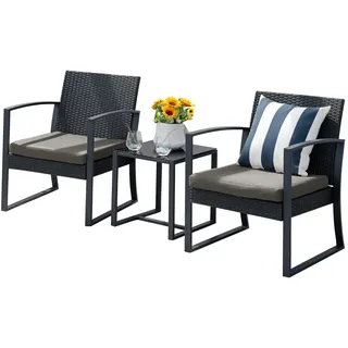 Svita LOIS L Poly Rattan Sitzgruppe Gartenmöbel Metall-Garnitur Bistro-Set Tisch Sessel Schwarz