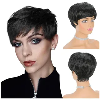 Refttenw Kunsthaarperücke Kurze Perücken für Frauen Stilvolle Flauschige Geschichtete Perücken, 15cm Schwarz Synthetische Haar mit Bangs schwarz