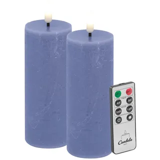 Candela LED Kerzen 2er Set H:10xØ5cm blau rustic Echtwachs mit Fernbedienung Timer Funktion & mehrstufig dimmbar flammenlos Echtwachskerzen Stumpenkerze
