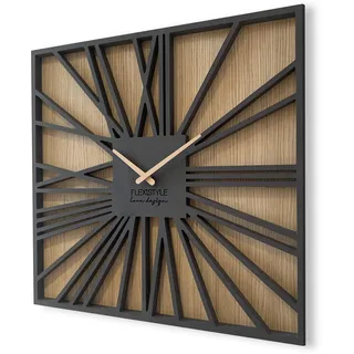 FLEXISTYLE Groß wanduhr ohne tickgeräusche Square LOFT Eiche Schwarz 50cm, Wohnzimmer, Schlafzimmer, in EU hergestellt, z226-1d-d-x 50cm