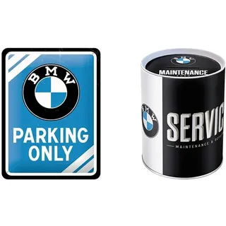 Nostalgic-Art PO26177 BMW – Parking Only Blue – Geschenk-Idee für Auto Zubehör Fans, Bunt, 15 x 20 cm & Retro Spardose, Sparschwein aus Metall, Bunt, 1 l