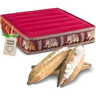 livasia Sitzkissen Boden Thaiseide - 50x50x10cm - Bodenkissen Indoor/Outdoor, Meditationskissen Yogakissen, Stuhlauflage Palettenmöbel, Steppkissen Bank handgefertigt (Rot/Elefanten Seide)