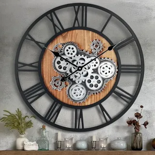 Riesige 57 Cm Wanduhr Mit Beweglichem Zahnrad, Industrielles Vintage-design Aus Holz Im Steampunk-stil Mit Römischen Ziffern Für Wohnzimmer, Küche, Bar, Büro