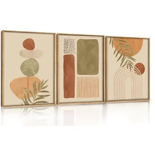 ANHUIB Boho Wandbilder Modern Minimalistische Poster Bohemian Wandkunst Wandbilder Wohnzimmer Salbeigrün Abstrakte Geometrische Leinwand Bilder Poster 3er Set mit Rahmen Für Schlafzimmer Bad 30×40cm