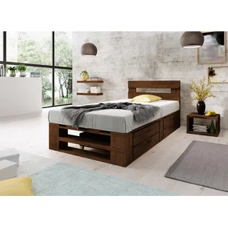 Lermowood Palettenbett M2 aus Holz 120 x 200 cm Palisander mit Kopfteil und 2 Bettkästen Holzbett 40cm Stabiles Seniorenbett Kinderbett Jugendbett Gästebett erhöhtes Bettgestell Futonbett Komforthöhe