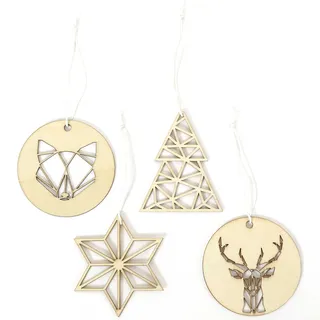 Papierdrachen Weihnachtsbaumschmuck aus Holz - 12 geometrische Anhänger, Natur - 4 Designs - stilvolle Weihnachtsdekoration 2025 für Baum & Geschenke