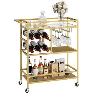 MAHANCRIS Servierwagen mit Rollen, Barwagen mit 3 Etagen und Griff, Küchenwagen, Getränkewagen mit Glas- und Flaschenhaltern, Weinwagen für Küche, Bar, Esszimmer, Gold ARCJ61B01