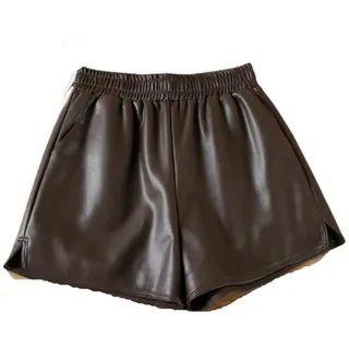 EXKURPOO Damen Leder Shorts Damen Ledershorts Elastische Taille Shorts mit hoher(Brown,L) - L