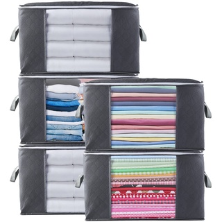 Withosent 5 Stück 90L Große Aufbewahrungstasche Schrank Organizer Set, Withosent Faltbar Kleideraufbewahrung mit Verstärkt Griff, Stabilem Reißverschluss für Kleidung, Bettwäsche, Bettdecken, Steppdecke