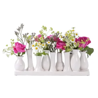 Mini Vasen Set Weiß 10er auf Tablett – Kleine Blumenvasen aus Keramik für Tischdeko – Modernes Vasenset für Trockenblumen, Pampasgras und einzelne Blumen