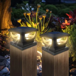 GEYUEYA Home Solar-Pfostenleuchten, 7,6 x 7,6 cm, IP65, wasserdicht, Landschaftszaun, Pfostenkappe, Lampe, Zaunpfosten, Lichter für den Außenbereich, für Terrasse, Zaun, Holzpfosten, 2 Stück