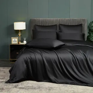 Luowei Kühlender Bettwäsche 155 x 220 cm Schwarz Bambus Polyester Bettwäsche Set Sommer Weich Atmungsaktiv Bettbezüge Oeko-TEX Bettbezüge Set mit Reißverschluss und 2 Kissenbezüge 80x80cm