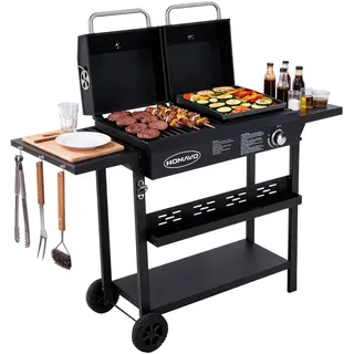 HOMAVO Gas-Holzkohle-Kombigrill, 2-in-1 Grillwagen mit Grillplatte