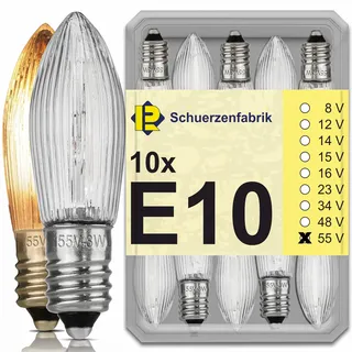 Schuerzenfabrik E10 Spitzkerzen 55V 3W 10x Schwibbbogen Ersatzlampen Glühbirne Lichterbogen Glühlampe Birnen für Weihnachtsbeleuchtung Glühbirnen Weihnachtsbogen Riffelkerze Topkerze