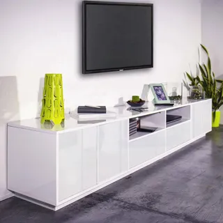 Dmora - TV-Schrank Orazio, niedriges Wohnzimmer-Sideboard, Fernsehständer-Basis, 100% Made in Italy, 260 x 41 x 46 cm, glänzendes Weiß,