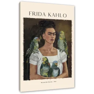 Pixxprint Art Portrait - Frida Kahlo - Ich und meine Papageien als, Größe: 60x40cm, Leinwandbild, fertig gespannt, Wandbild, Dekoration, Kunstdruck, kein Poster