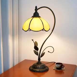 Blivuself Tiffany Tischlampe Gelb Buntglaslampe Tiffany Style S Leaves Vintage Schreibtischlampe für Nachttisch Wohnzimmer Büro Schlafsaal Esszimmer